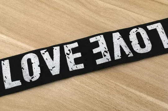 11/2 inch 38mm Wide Printed Love Letters Black Plush Comfortable Elastic -1 Yard