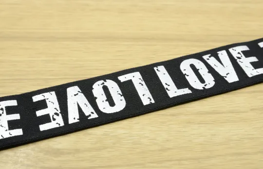 11/2 inch 38mm Wide Printed Love Letters Black Plush Comfortable Elastic -1 Yard