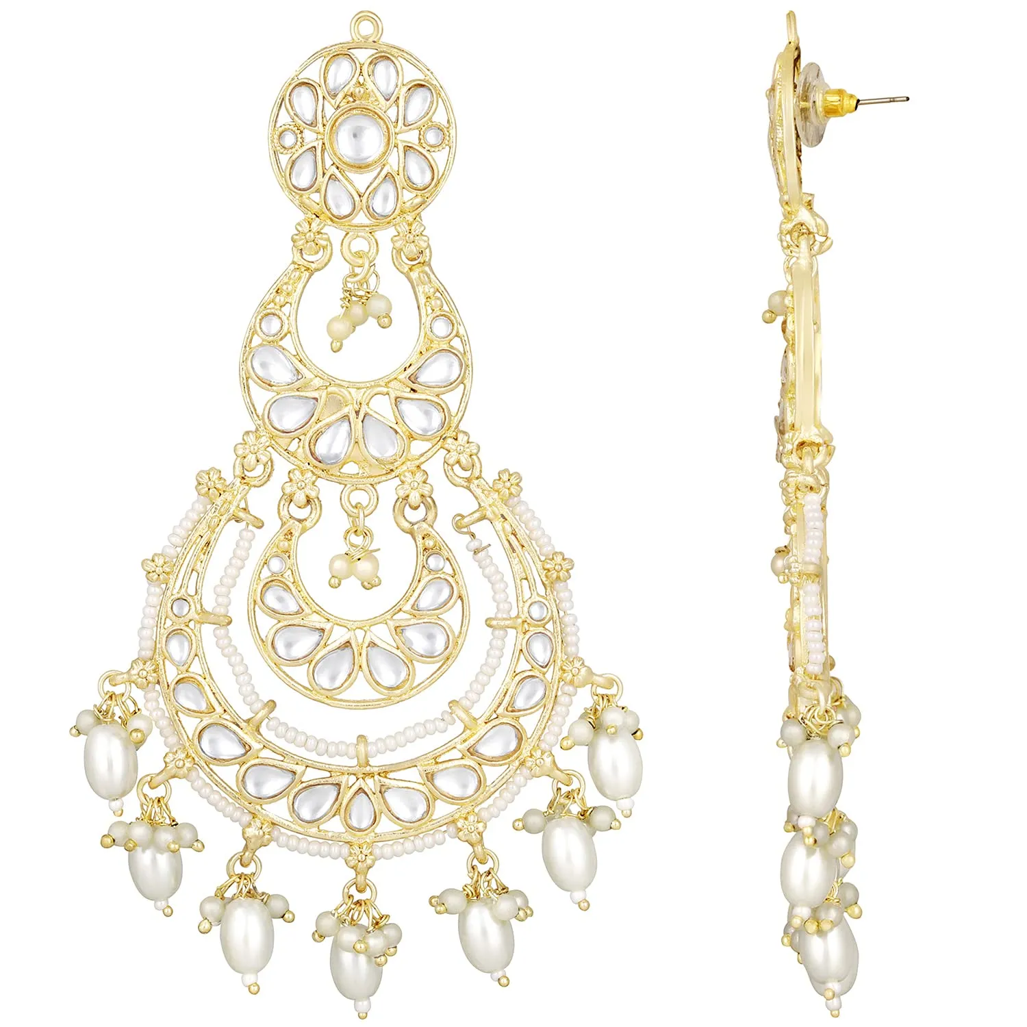 18K Gold Plated Traditional White Kundan Studded Pearl Handcrafted Dangle Chandbali Earrings Ethnic Jewellery For Women And Girls