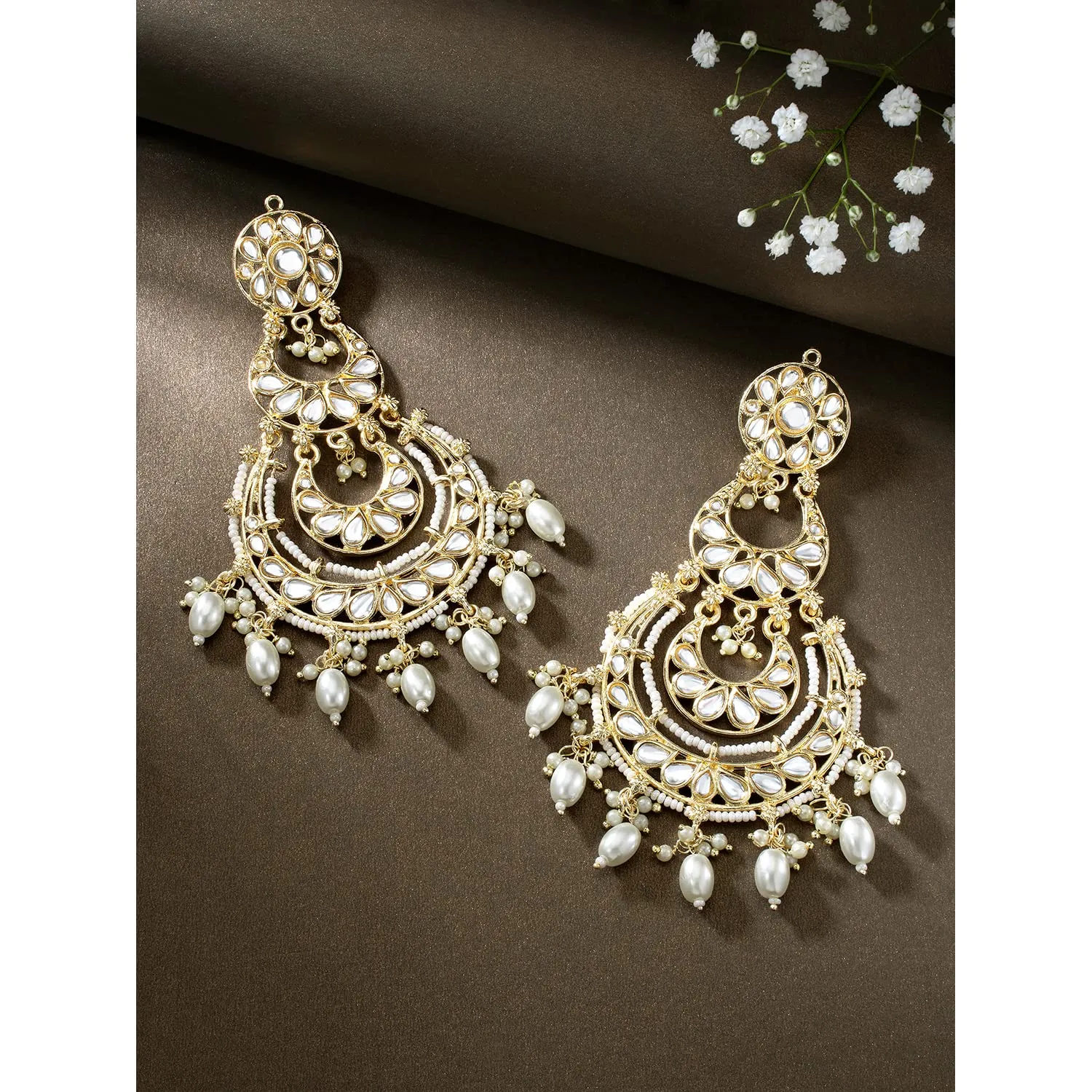 18K Gold Plated Traditional White Kundan Studded Pearl Handcrafted Dangle Chandbali Earrings Ethnic Jewellery For Women And Girls