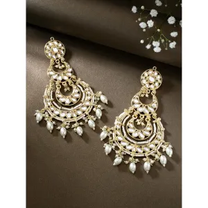 18K Gold Plated Traditional White Kundan Studded Pearl Handcrafted Dangle Chandbali Earrings Ethnic Jewellery For Women And Girls