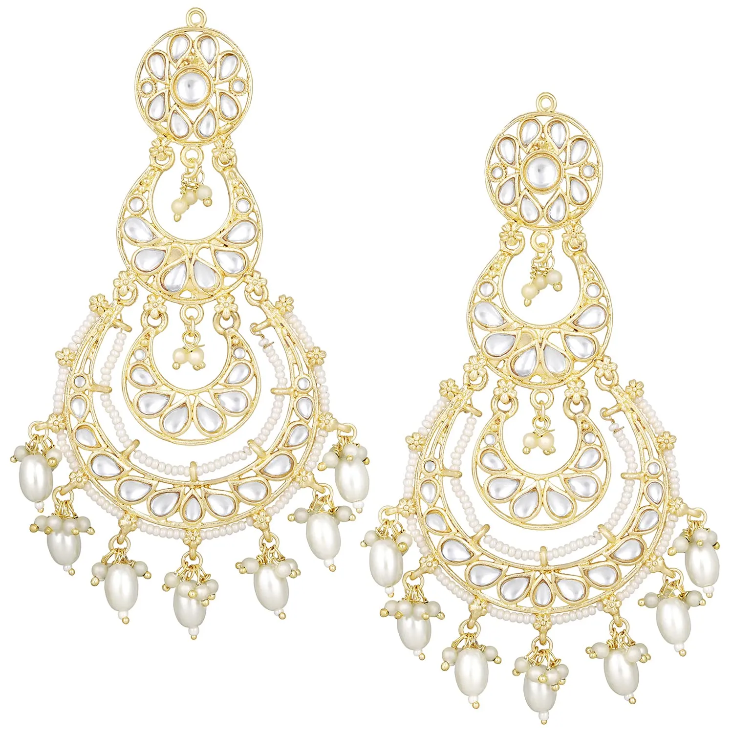 18K Gold Plated Traditional White Kundan Studded Pearl Handcrafted Dangle Chandbali Earrings Ethnic Jewellery For Women And Girls
