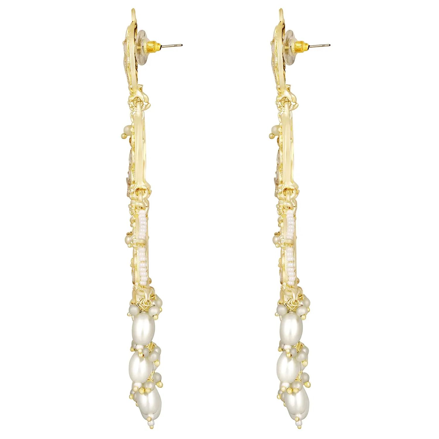18K Gold Plated Traditional White Kundan Studded Pearl Handcrafted Dangle Chandbali Earrings Ethnic Jewellery For Women And Girls