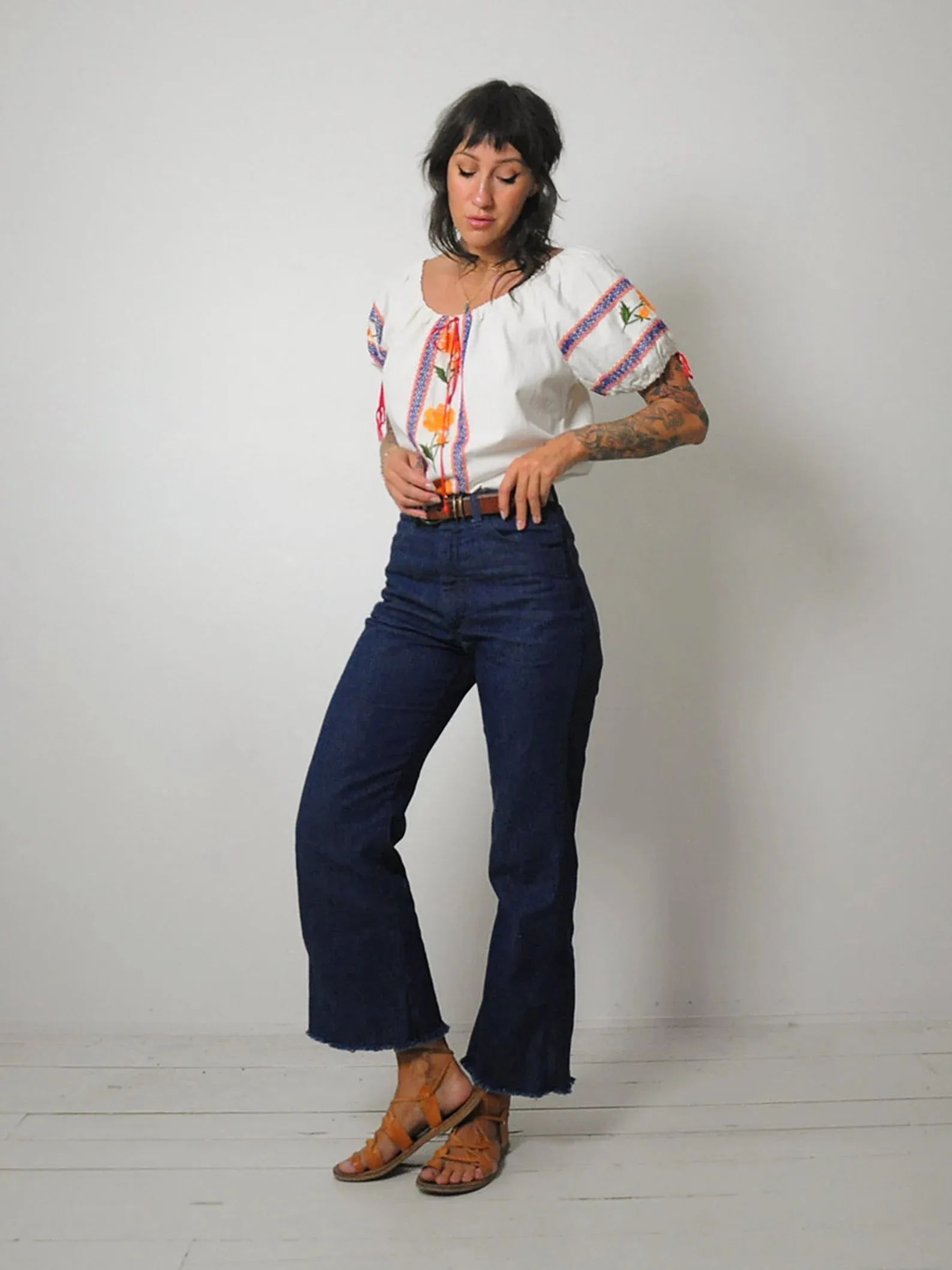 1970s Floral Embroidered Peasant Blouse