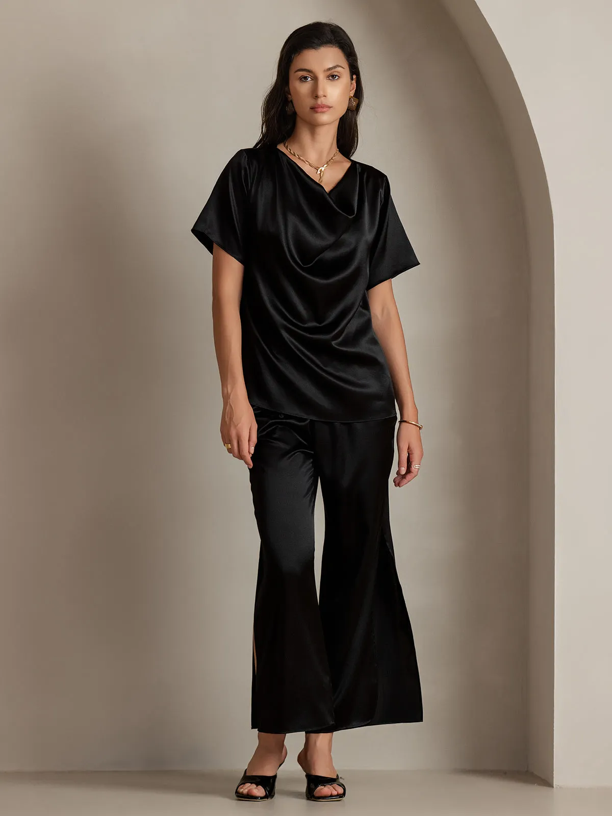 19Momme Silk Casual Cowl Neck Short Sleeve T-Shirt