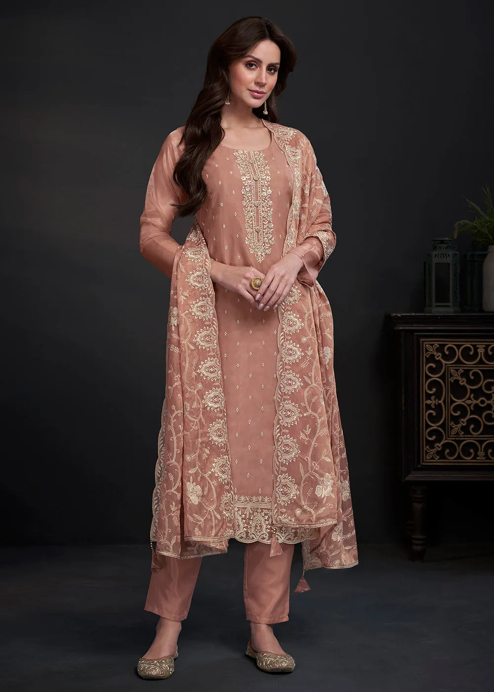 Adorning Peach Embroidered Organza Festive Pant Style Suit
