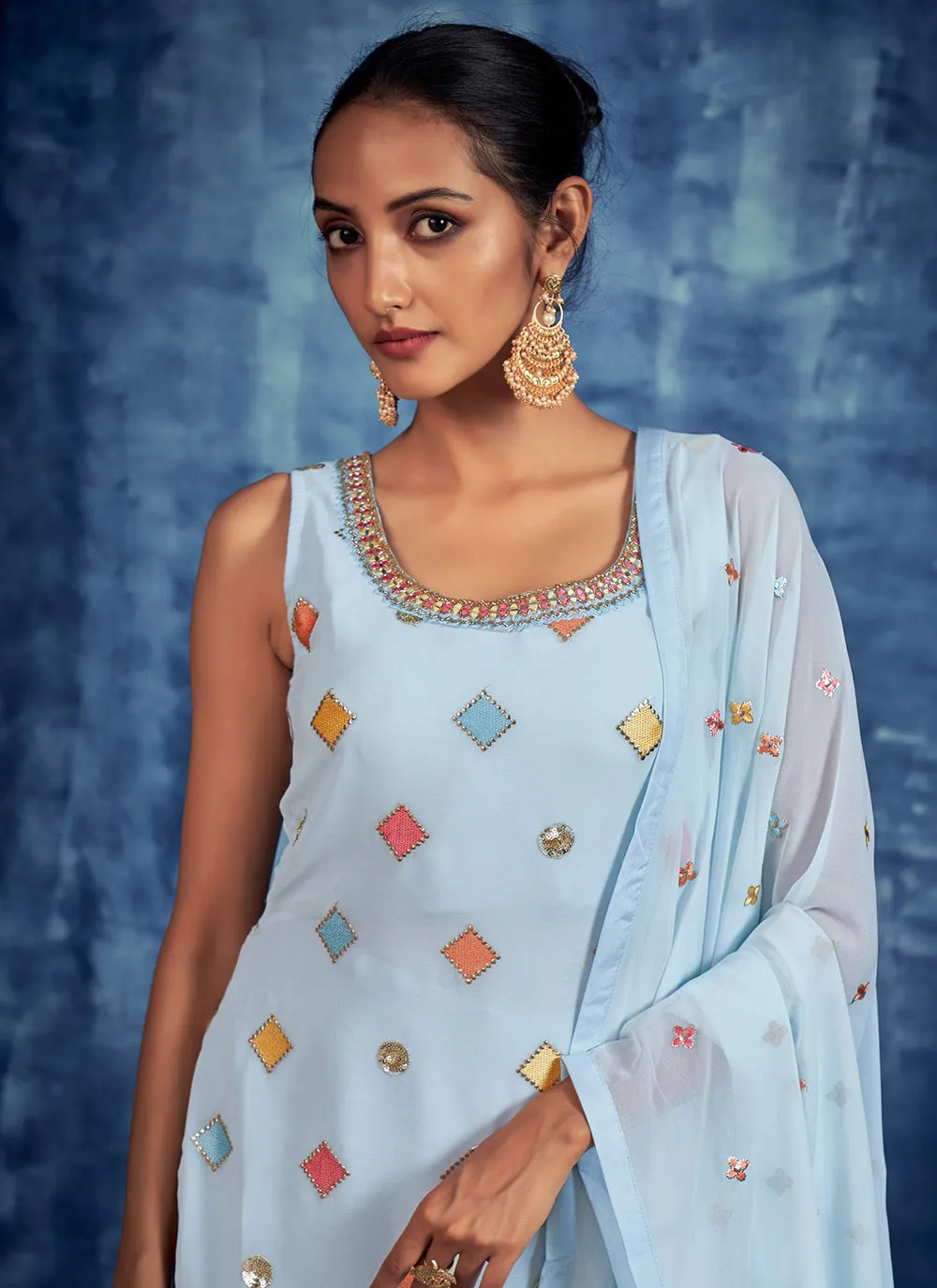Aqua Blue Embroidered Pure Georgette Salwar Stitched