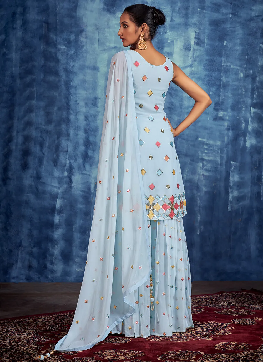 Aqua Blue Embroidered Pure Georgette Salwar Stitched