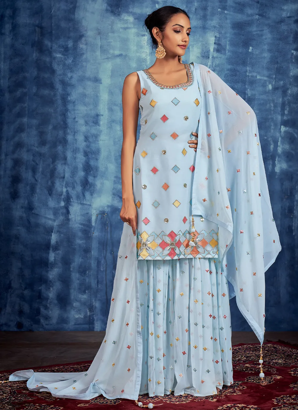 Aqua Blue Embroidered Pure Georgette Salwar Stitched