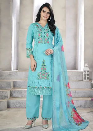 Aqua Blue Roman Silk Embroidered Festive Salwar Kurta Suit