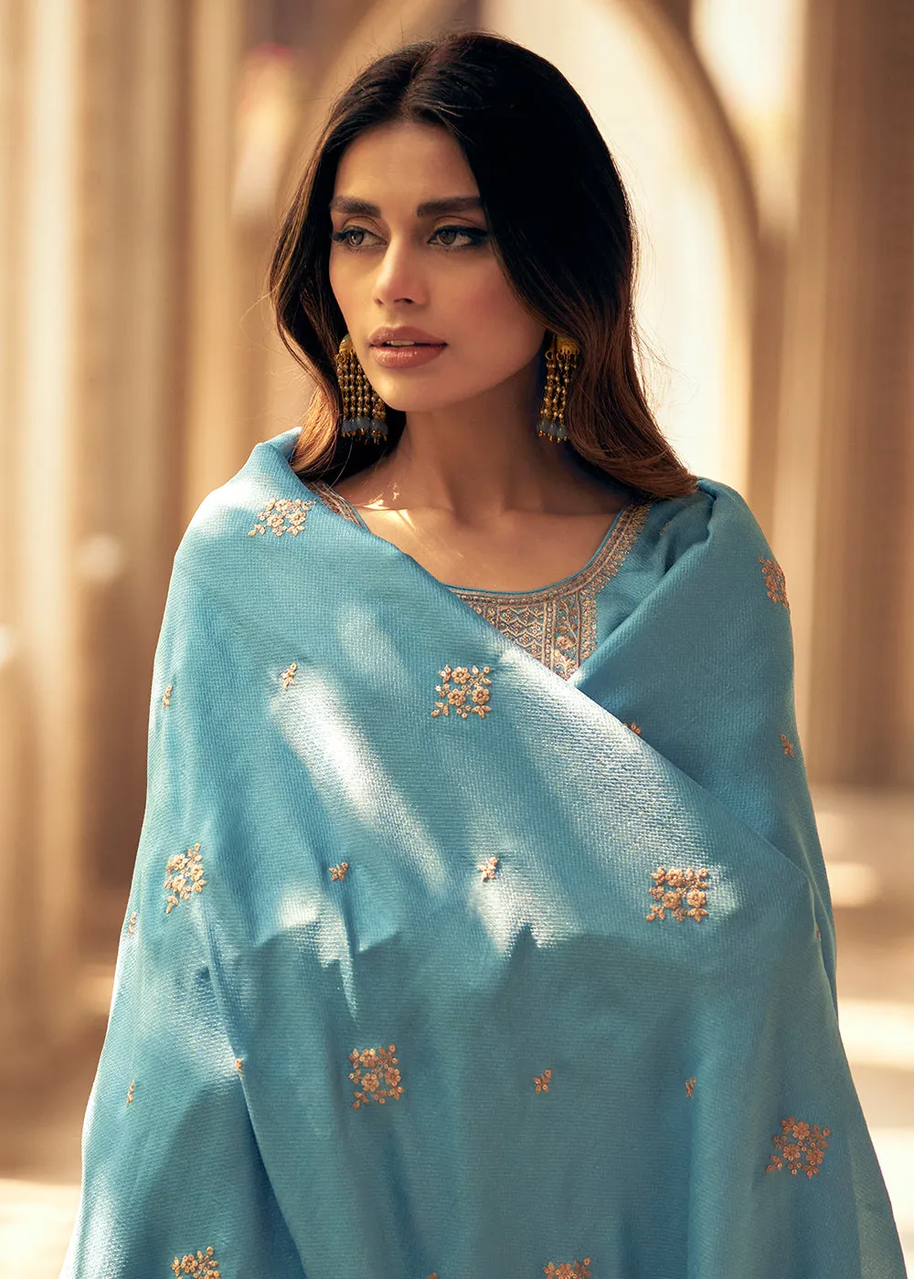 Art Silk Stunning Sky Blue Embroidered Festive Palazzo Suit