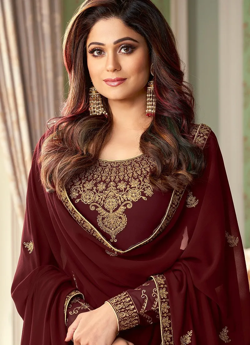 Astonishing Maroon Shamita Shetty Georgette Palazzo Suit