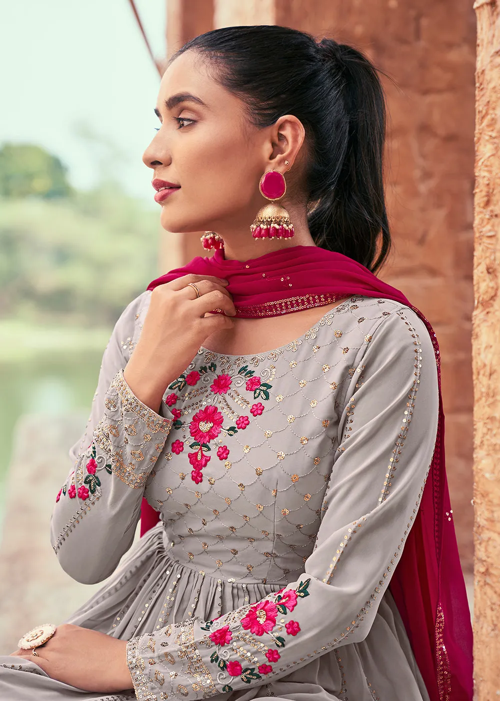 Attractive Georgette Grey Embroidered Palazzo Salwar Suit