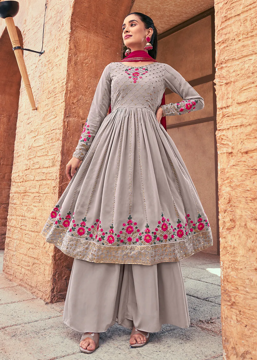 Attractive Georgette Grey Embroidered Palazzo Salwar Suit