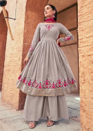 Attractive Georgette Grey Embroidered Palazzo Salwar Suit