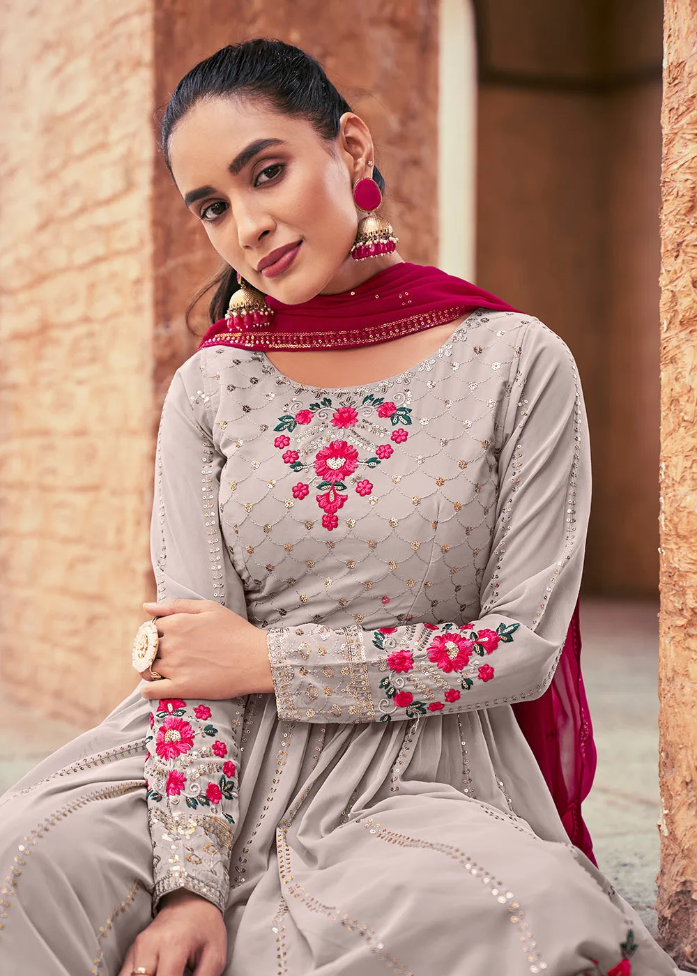 Attractive Georgette Grey Embroidered Palazzo Salwar Suit