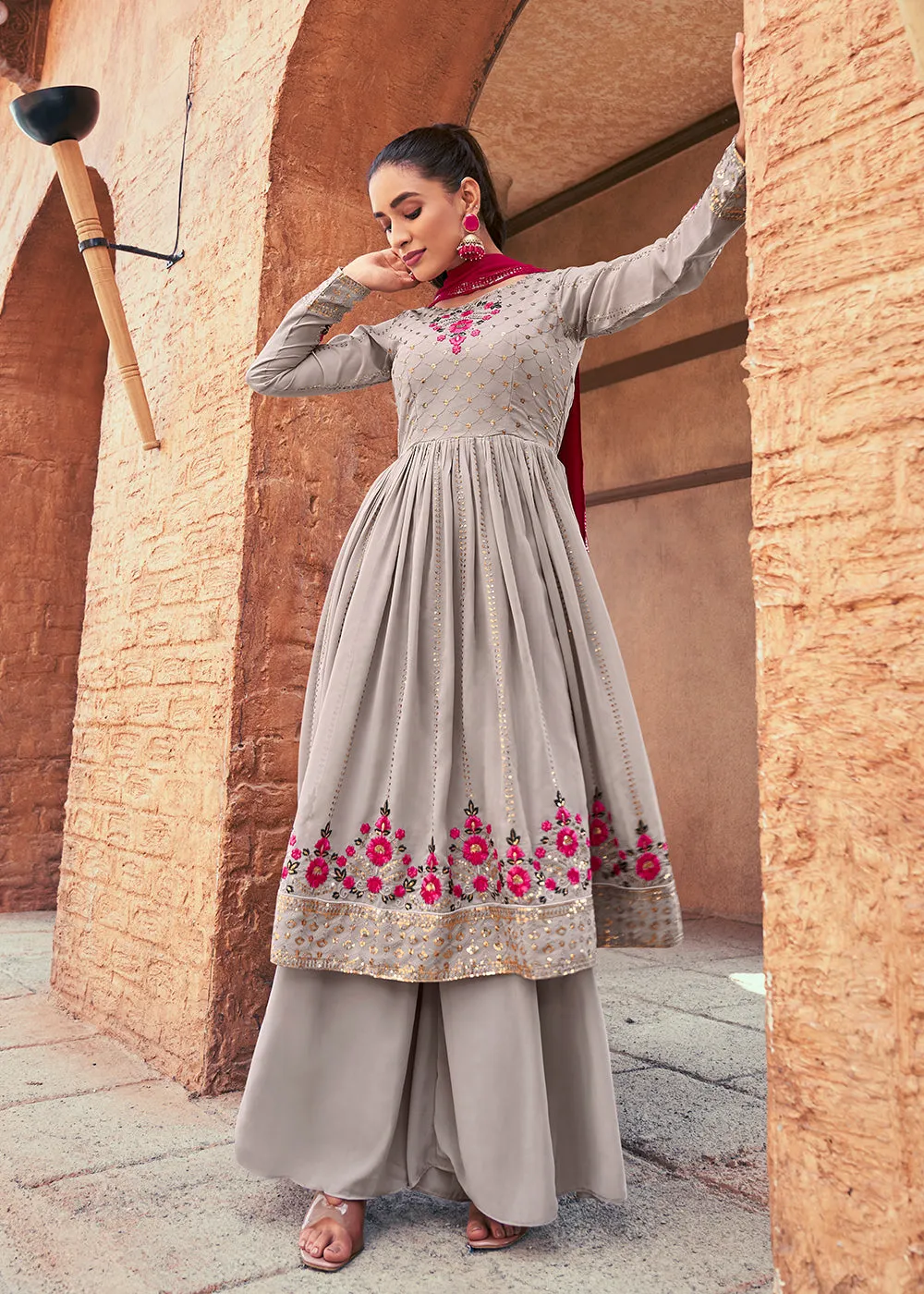 Attractive Georgette Grey Embroidered Palazzo Salwar Suit