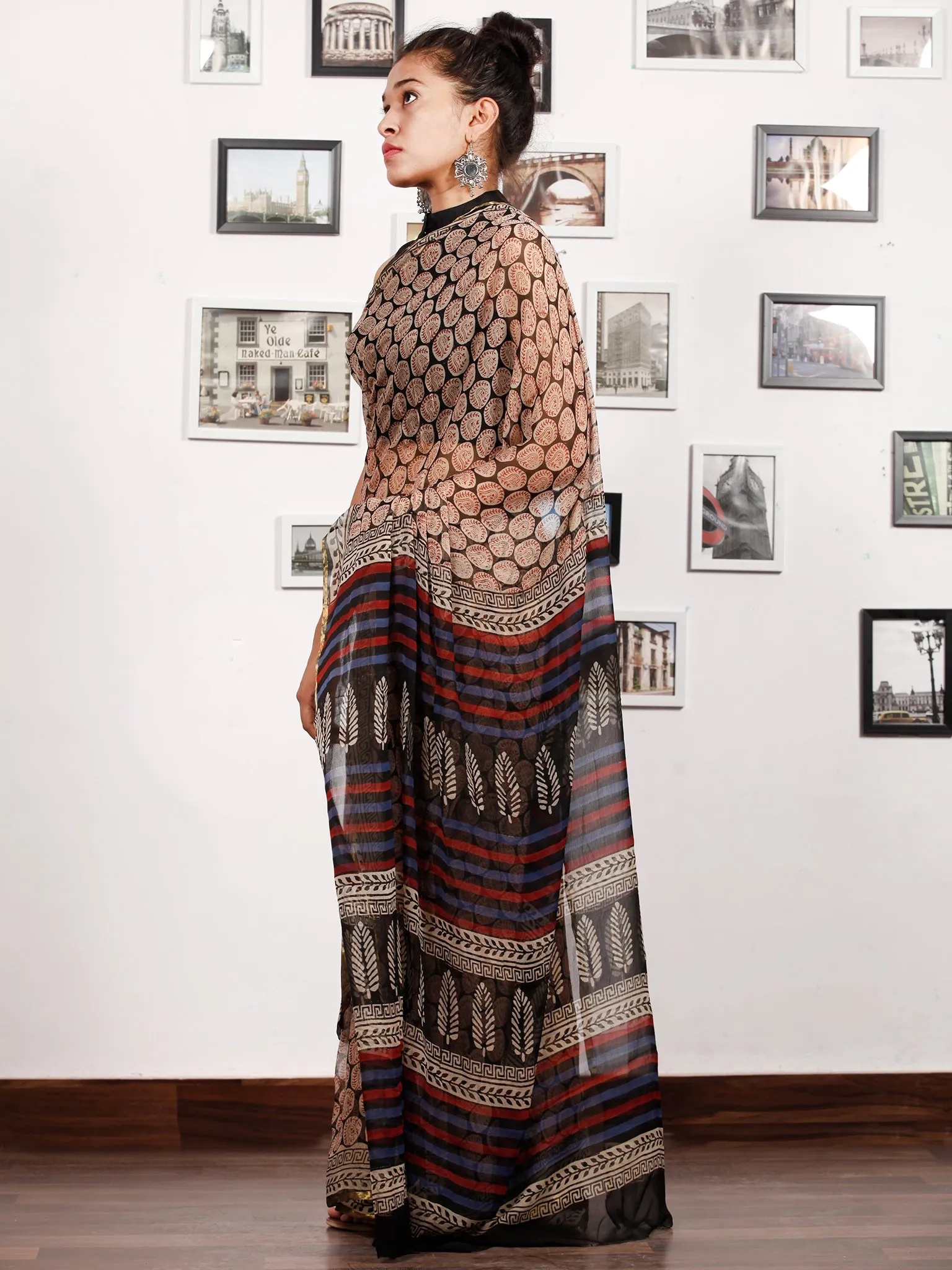 Beige Black Red Indigo Hand Block Printed Chiffon Saree with Zari Border - S031703171