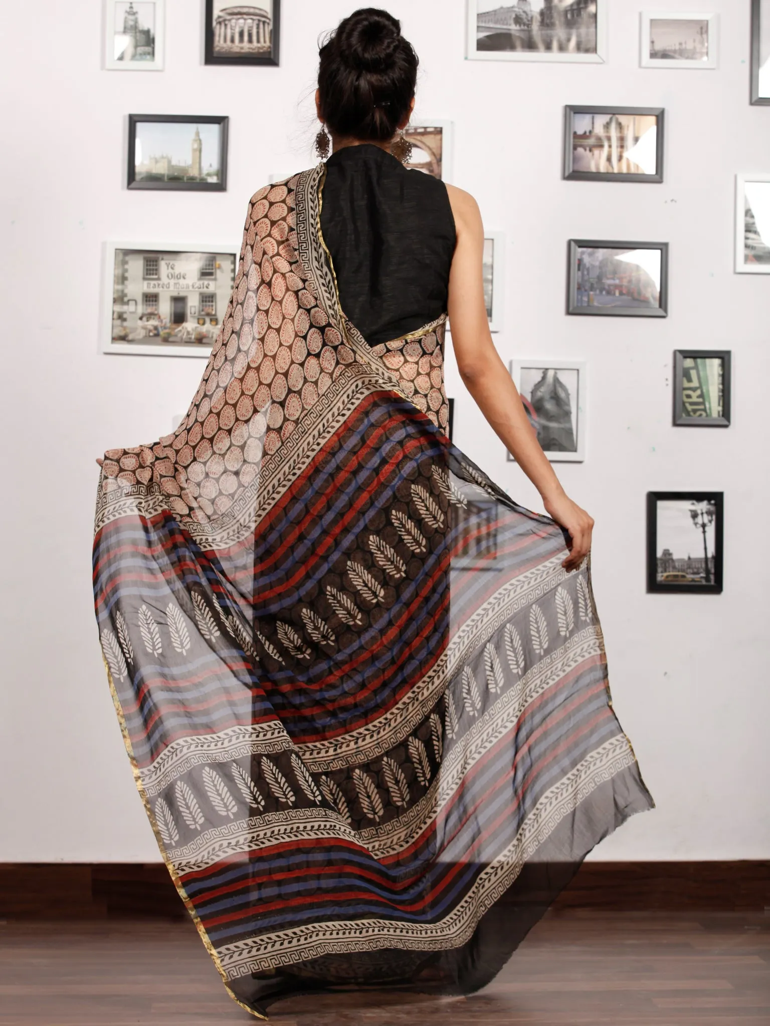 Beige Black Red Indigo Hand Block Printed Chiffon Saree with Zari Border - S031703171