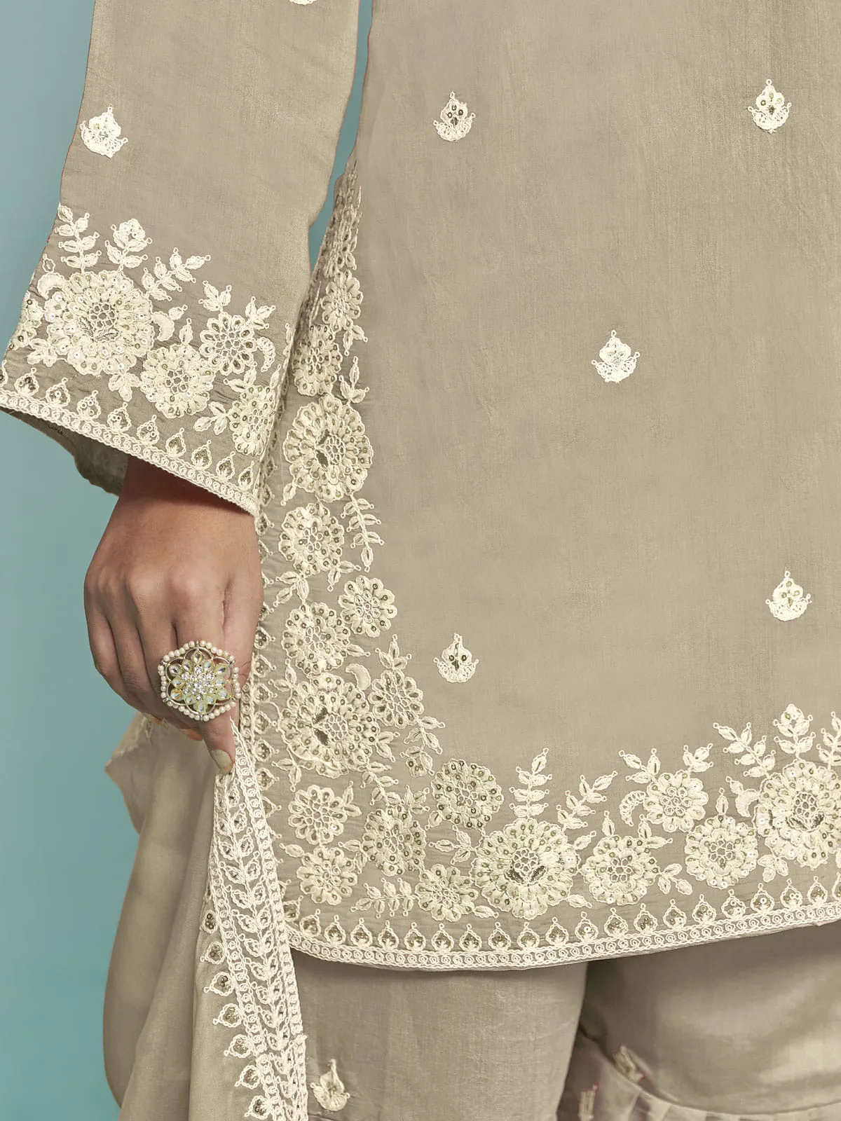 Beige Designer Style Silk Gharara Style Suit