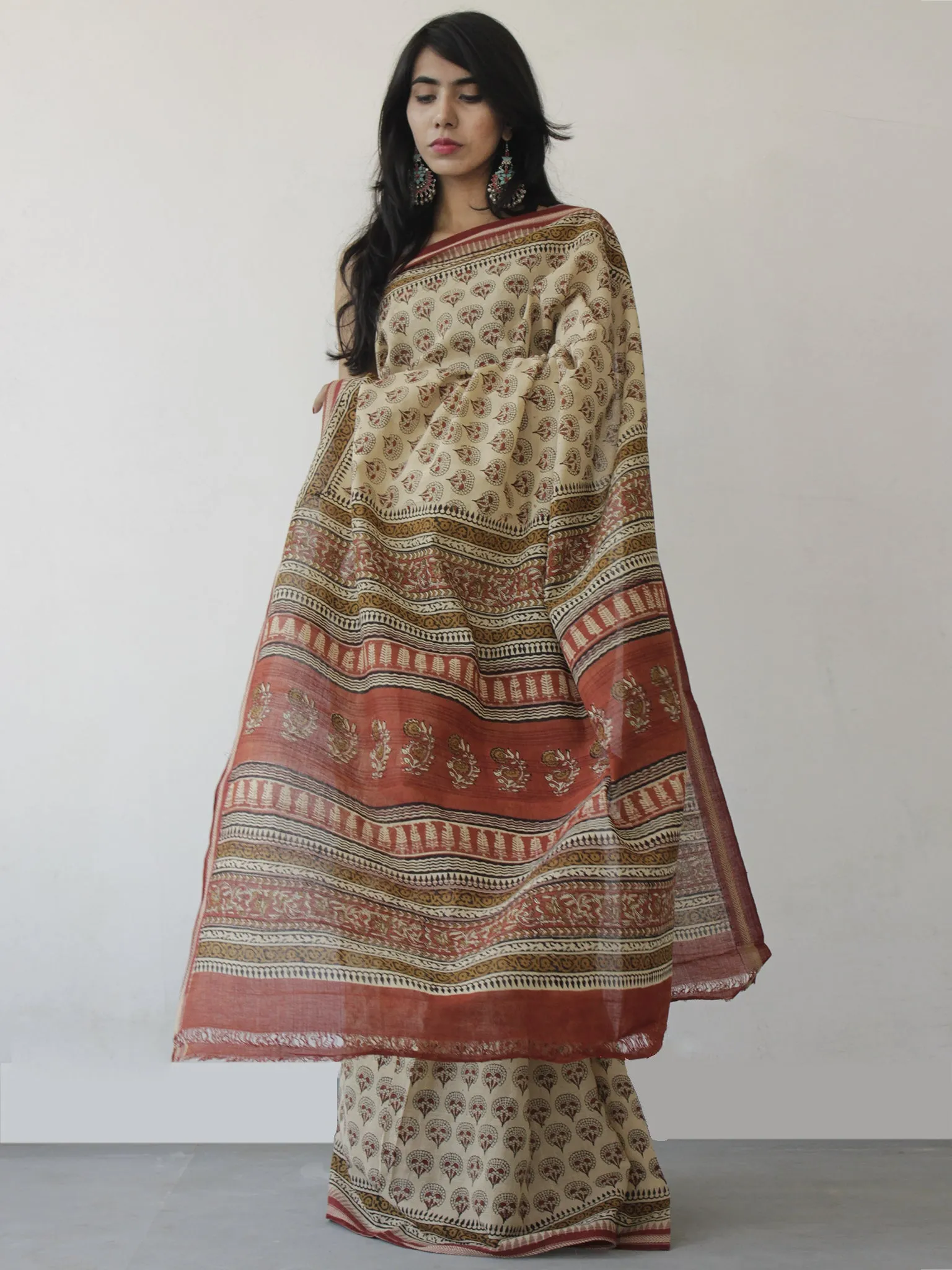 Beige Maroon Black Handloom Cotton Hand Block Printed Saree in Natural Dyes - S031702480