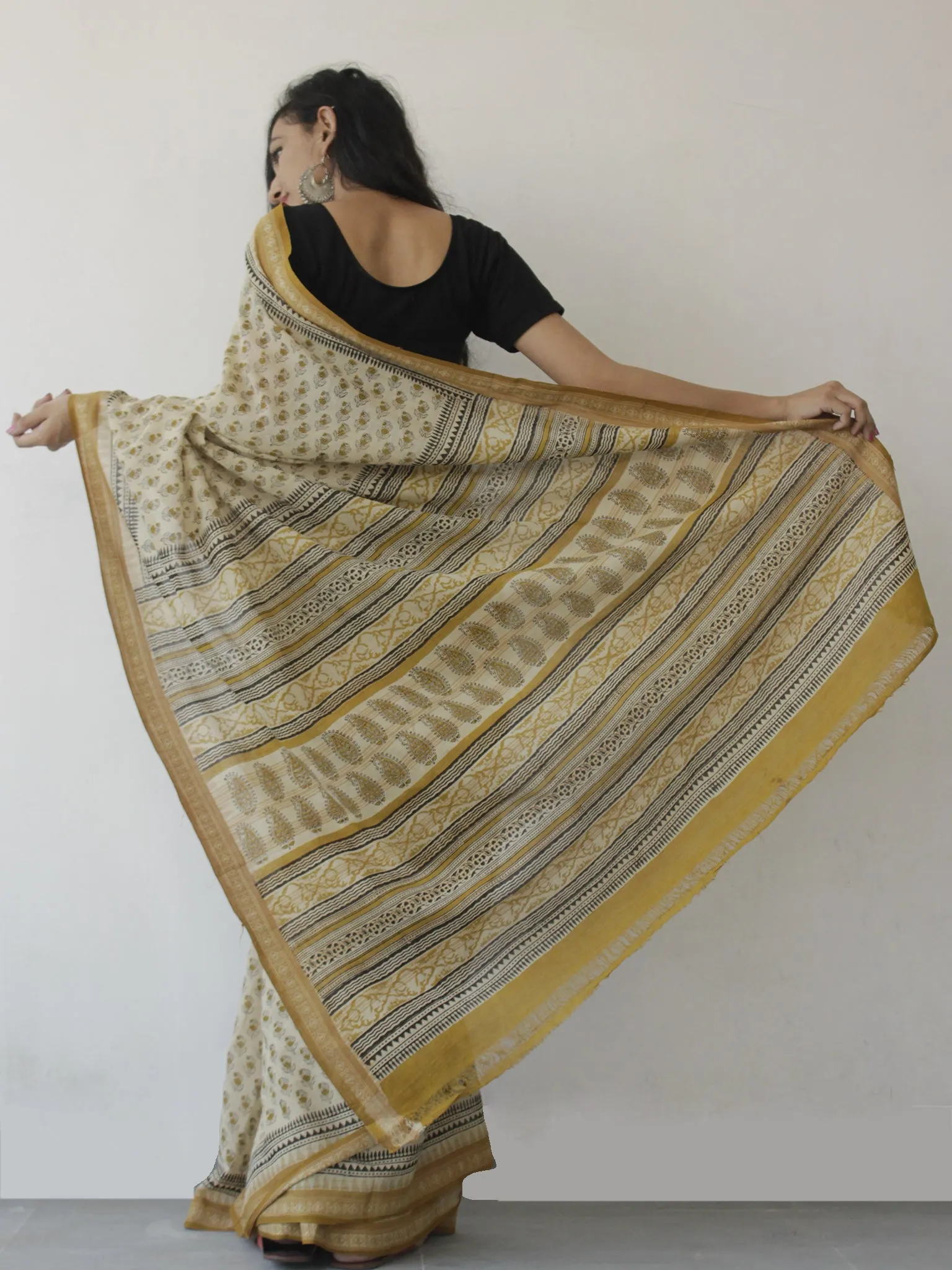 Beige Mustard Black Handloom Cotton Hand Block Printed Saree in Natural Dyes - S031702479