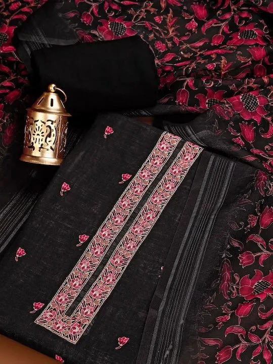 Black And White Embroidered Linen Unstitched Dress Material