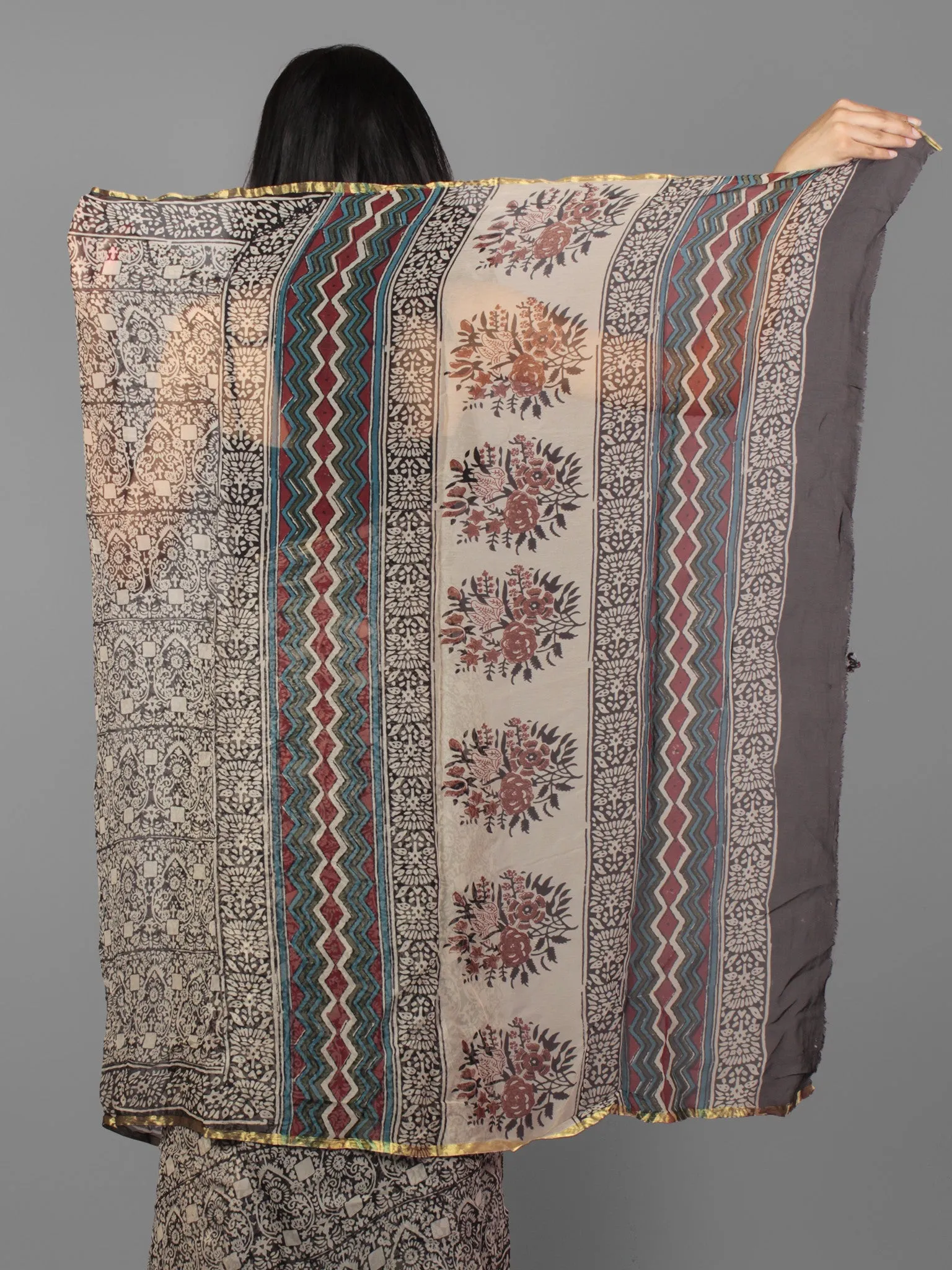 Black Beige Maroon Hand Block Printed Chiffon Saree - S031701884