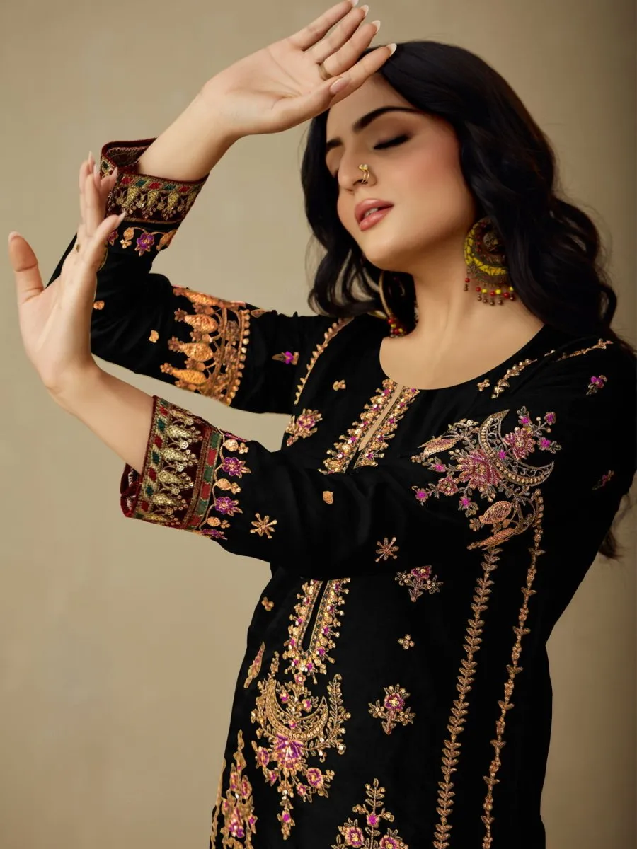 Black Embroidered Partywear Straight-Cut-Suit