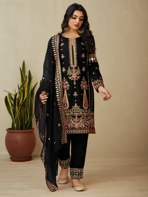 Black Embroidered Partywear Straight-Cut-Suit