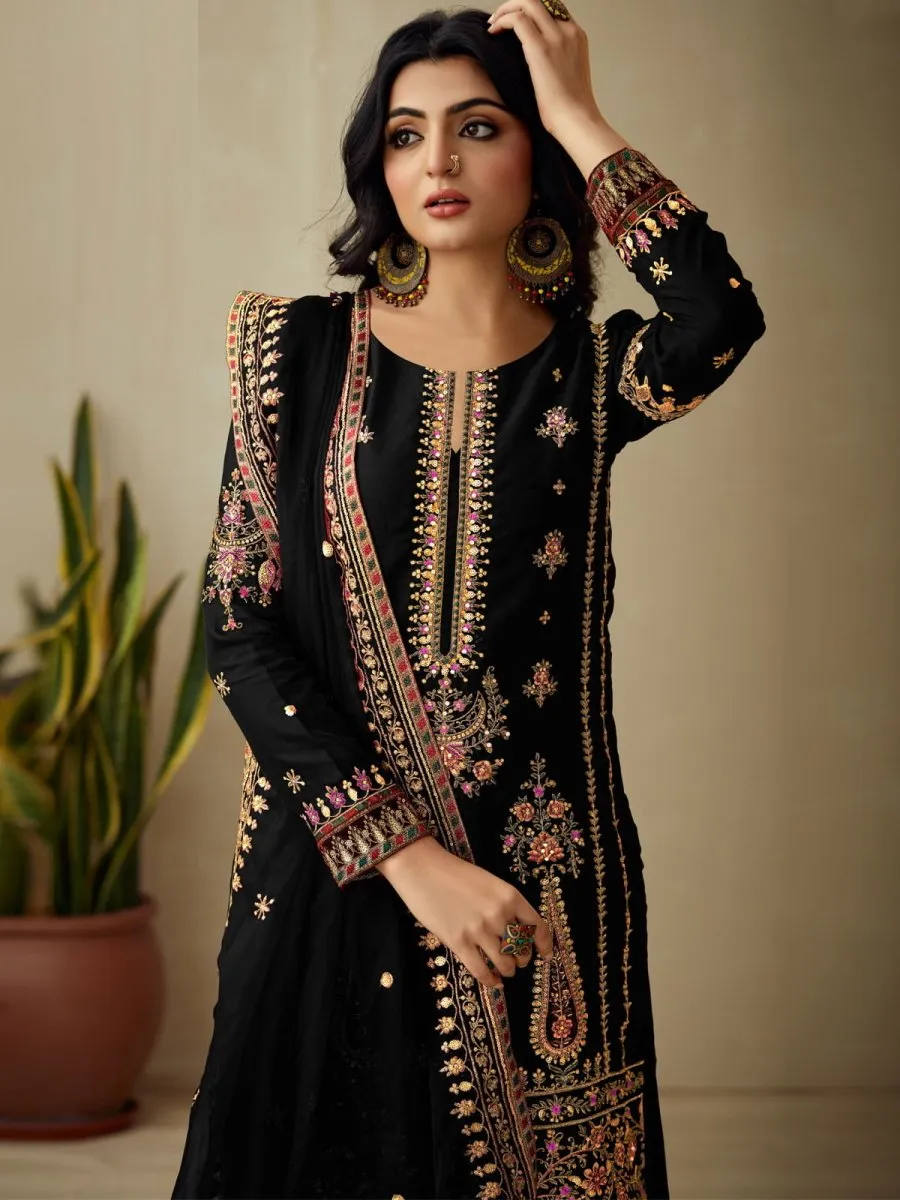 Black Embroidered Partywear Straight-Cut-Suit