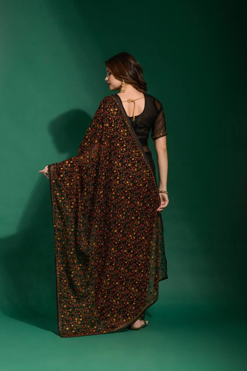 Black Floral Georgette Premium Embroidery Saree
