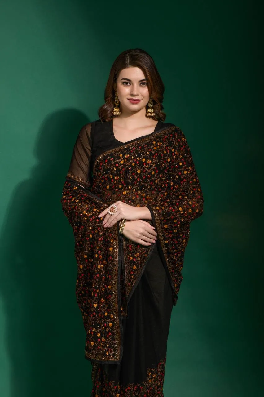 Black Floral Georgette Premium Embroidery Saree
