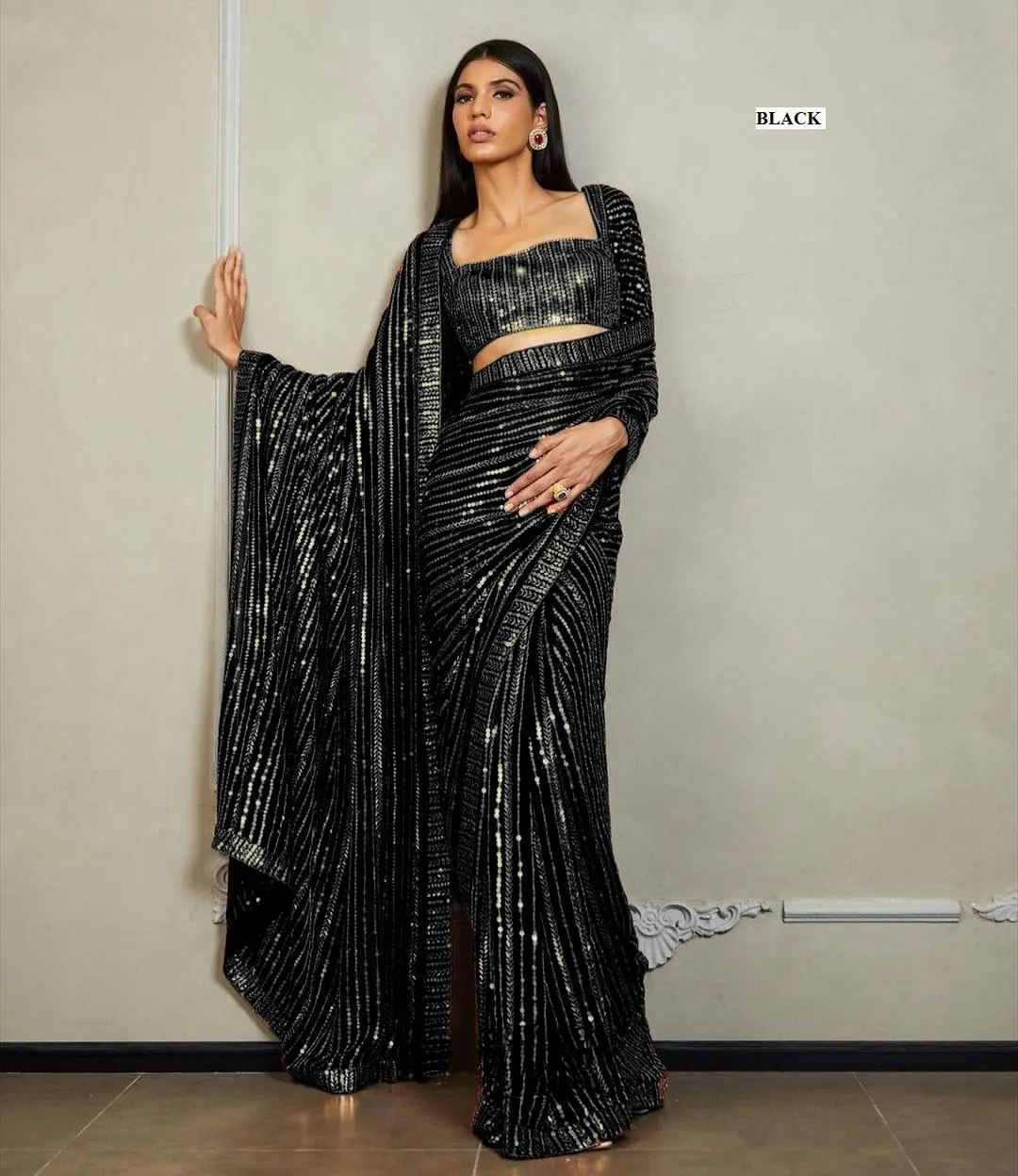 Black Georgette Sequins Embroidery Saree