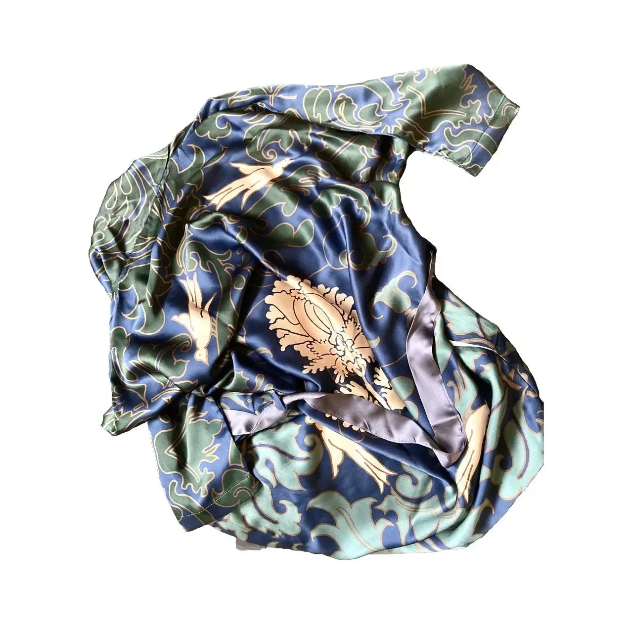 Blue and Green Damask Kimono Silk Robe