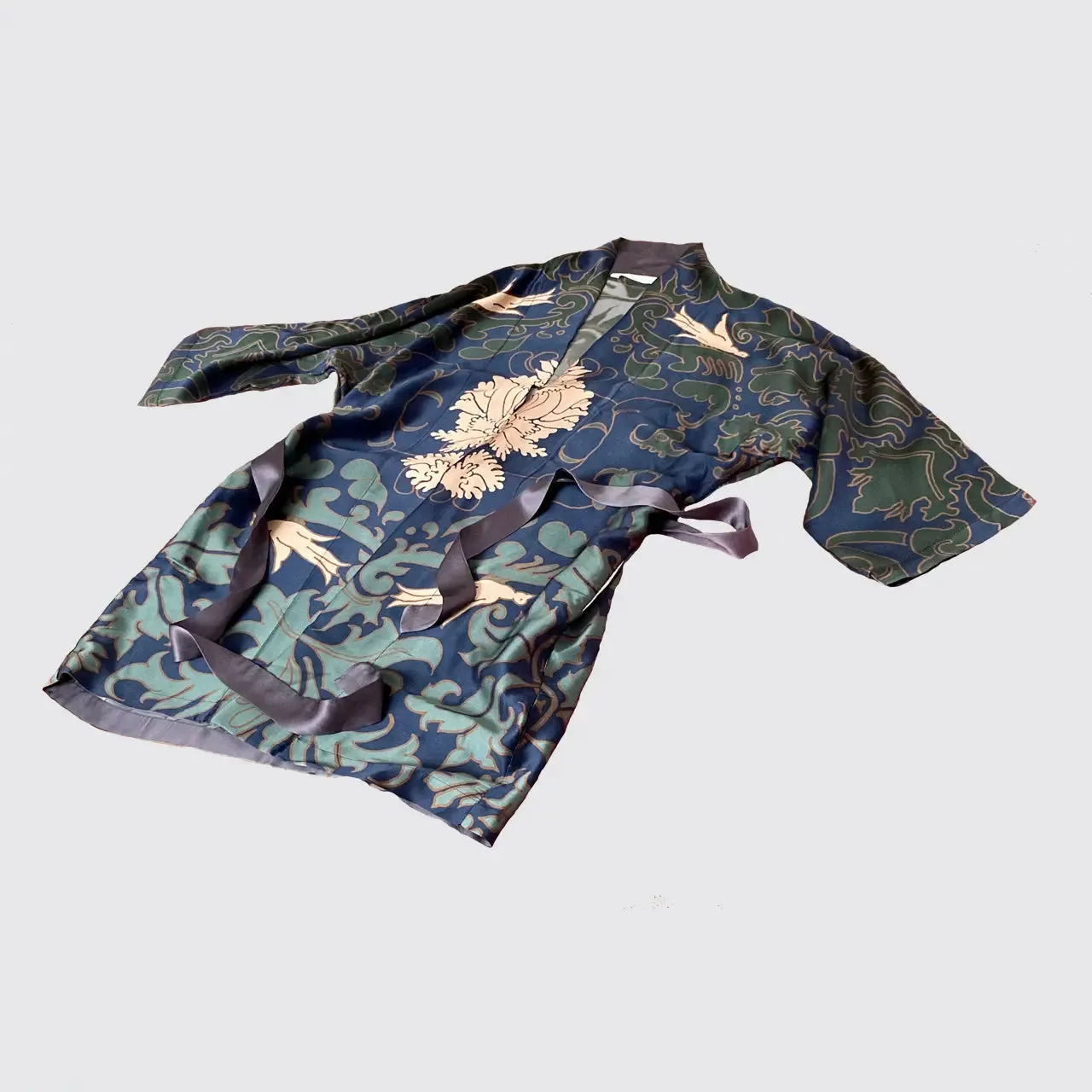 Blue and Green Damask Kimono Silk Robe