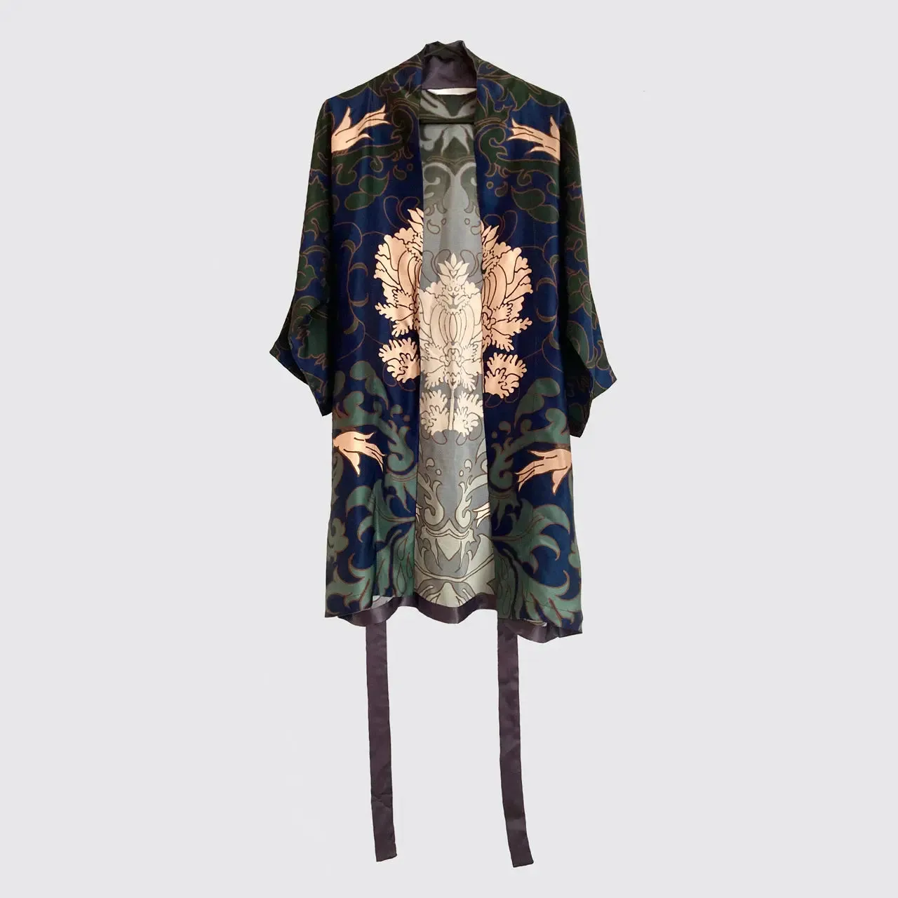 Blue and Green Damask Kimono Silk Robe