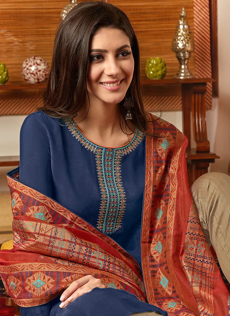 Blue And Orange Embroidered Pant Style Suit