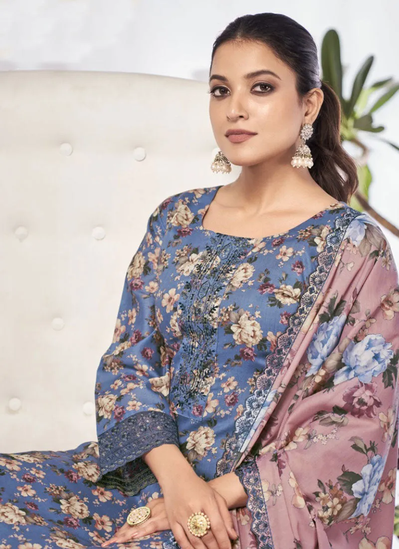 Blue Embroidery Printed Salwar Kameez Suit