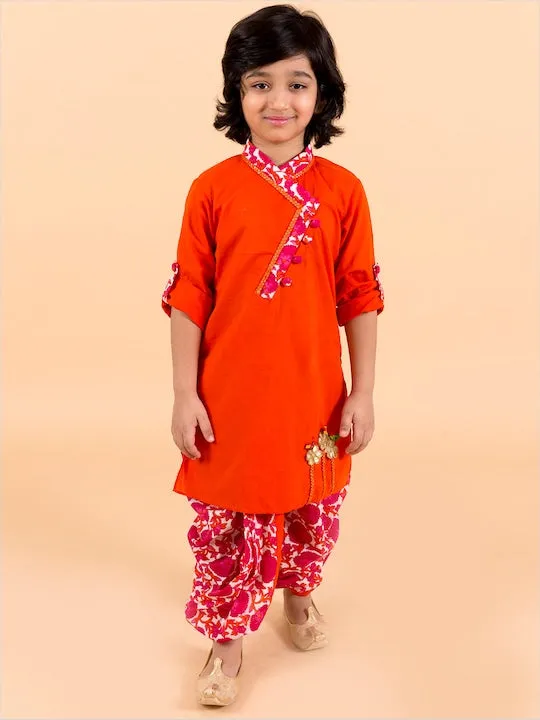 Boys  Orange Angrakha Pure Cotton Kurti With Dhoti Pants - Ps Peaches