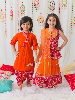 Boys  Orange Angrakha Pure Cotton Kurti With Dhoti Pants - Ps Peaches