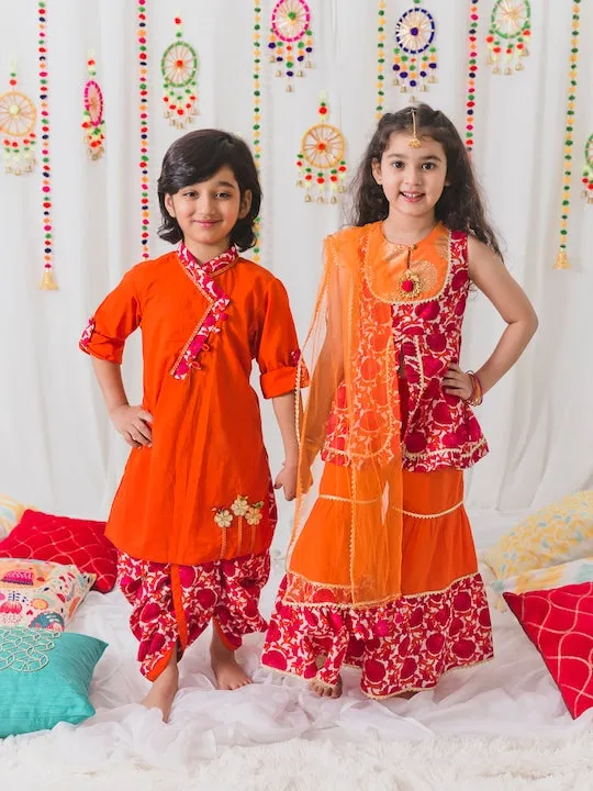 Boys  Orange Angrakha Pure Cotton Kurti With Dhoti Pants - Ps Peaches