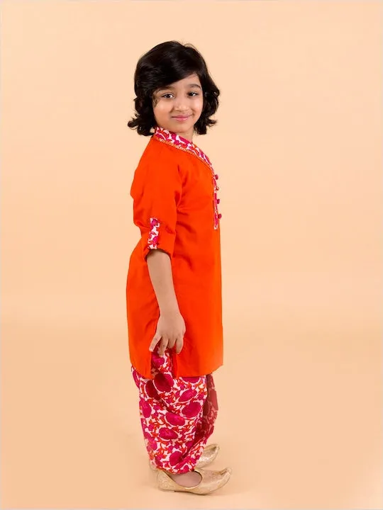 Boys  Orange Angrakha Pure Cotton Kurti With Dhoti Pants - Ps Peaches
