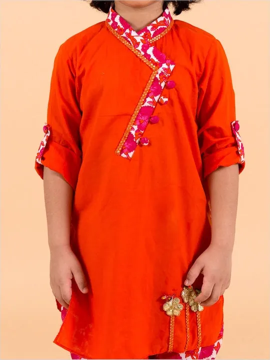 Boys  Orange Angrakha Pure Cotton Kurti With Dhoti Pants - Ps Peaches