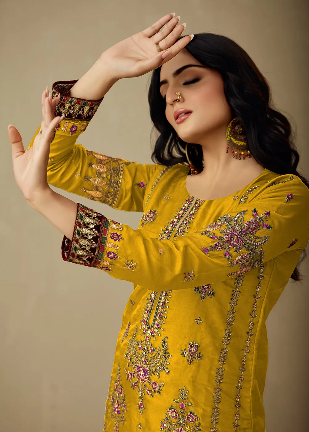 Bright Yellow Organza Embroidered Traditional Salwar Kameez