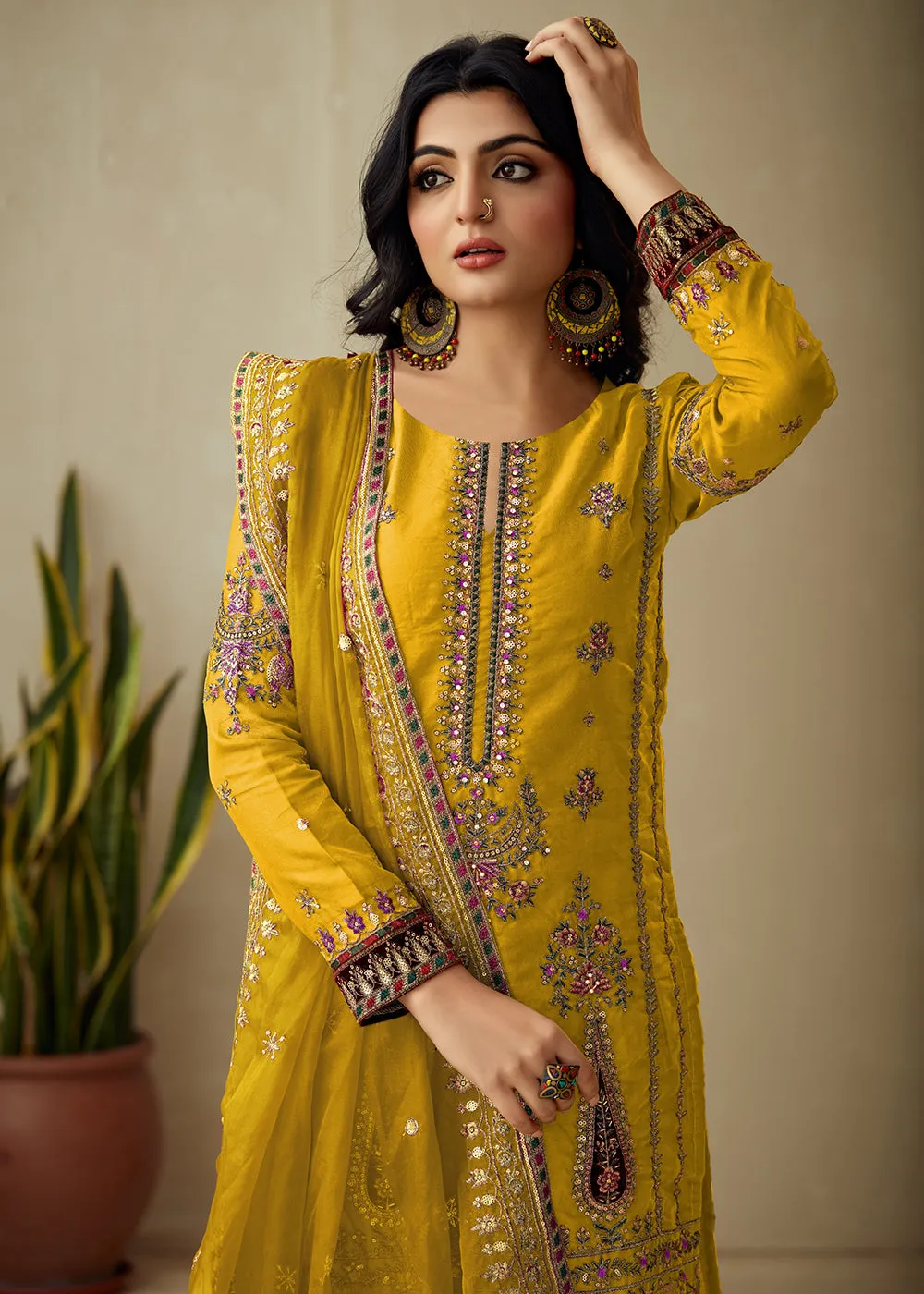 Bright Yellow Organza Embroidered Traditional Salwar Kameez
