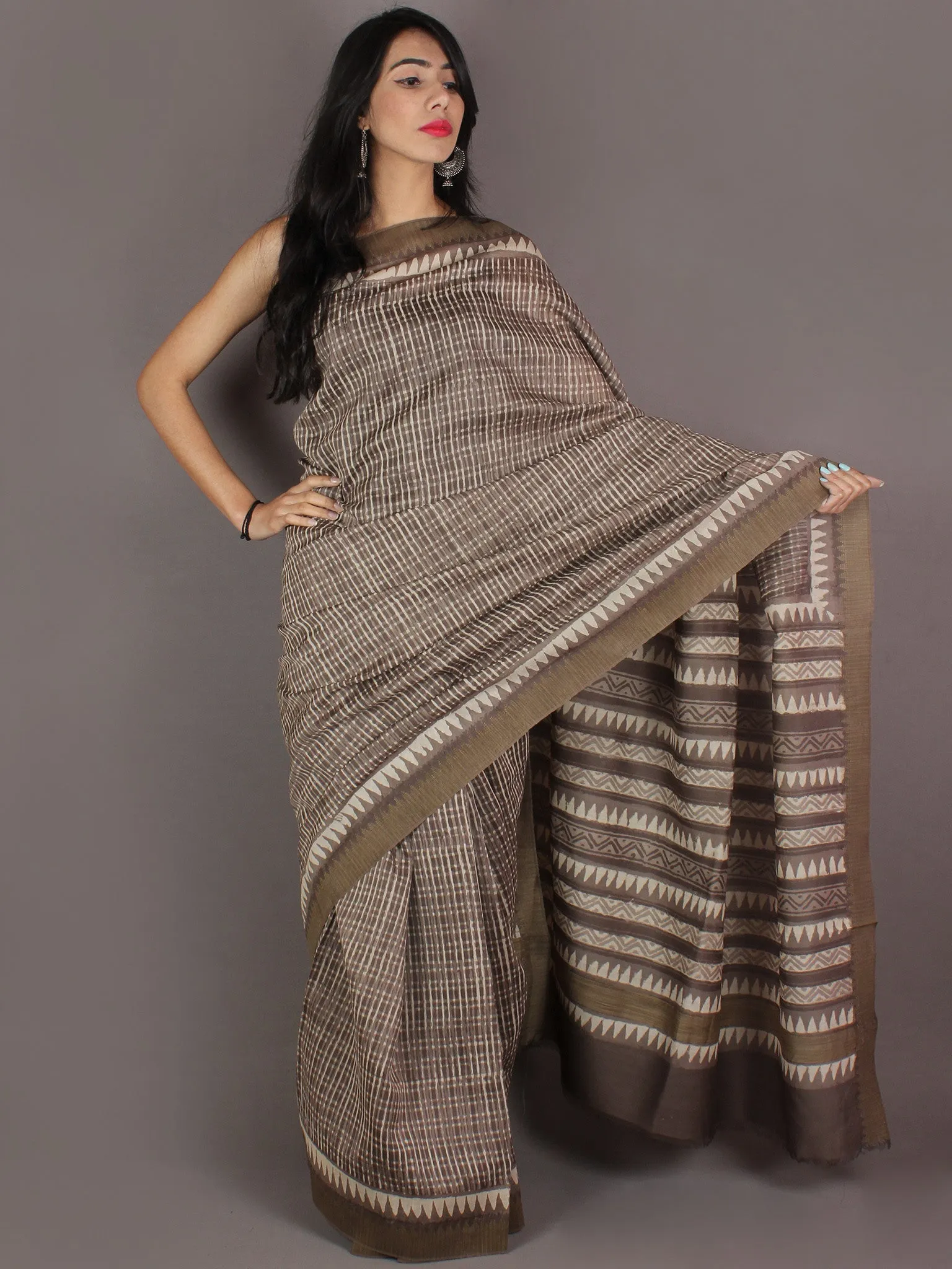 Brown White Hand Block Printed in Natural Colors Chanderi Saree With Geecha Border - S03170975