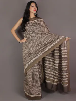 Brown White Hand Block Printed in Natural Colors Chanderi Saree With Geecha Border - S03170975