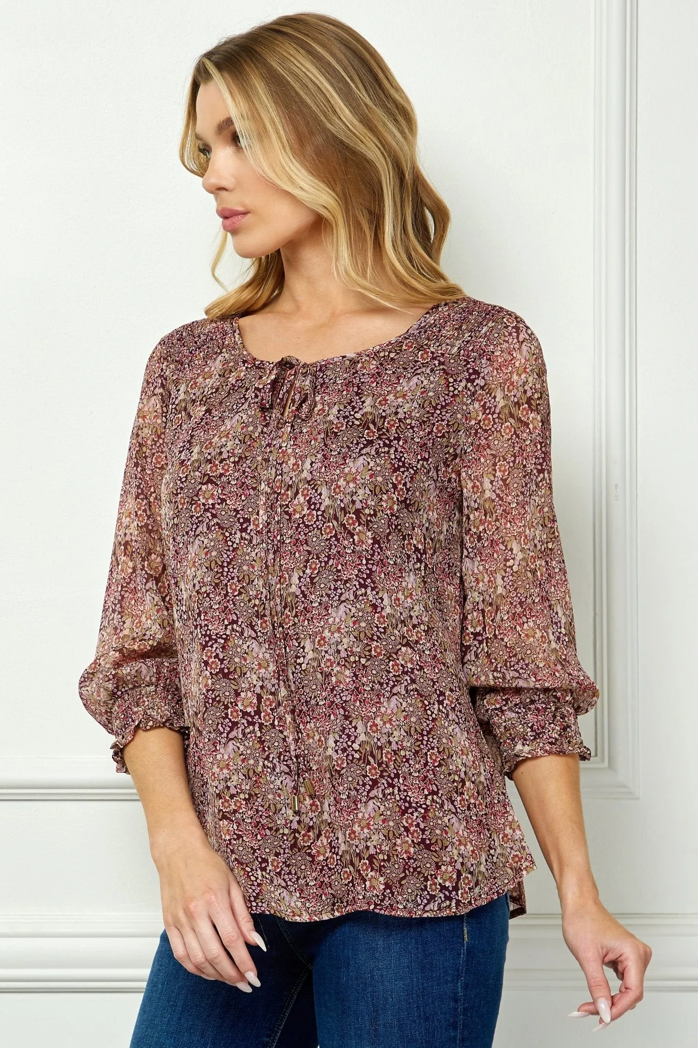 Burgundy Floral 3/4 Sleeve Blouse