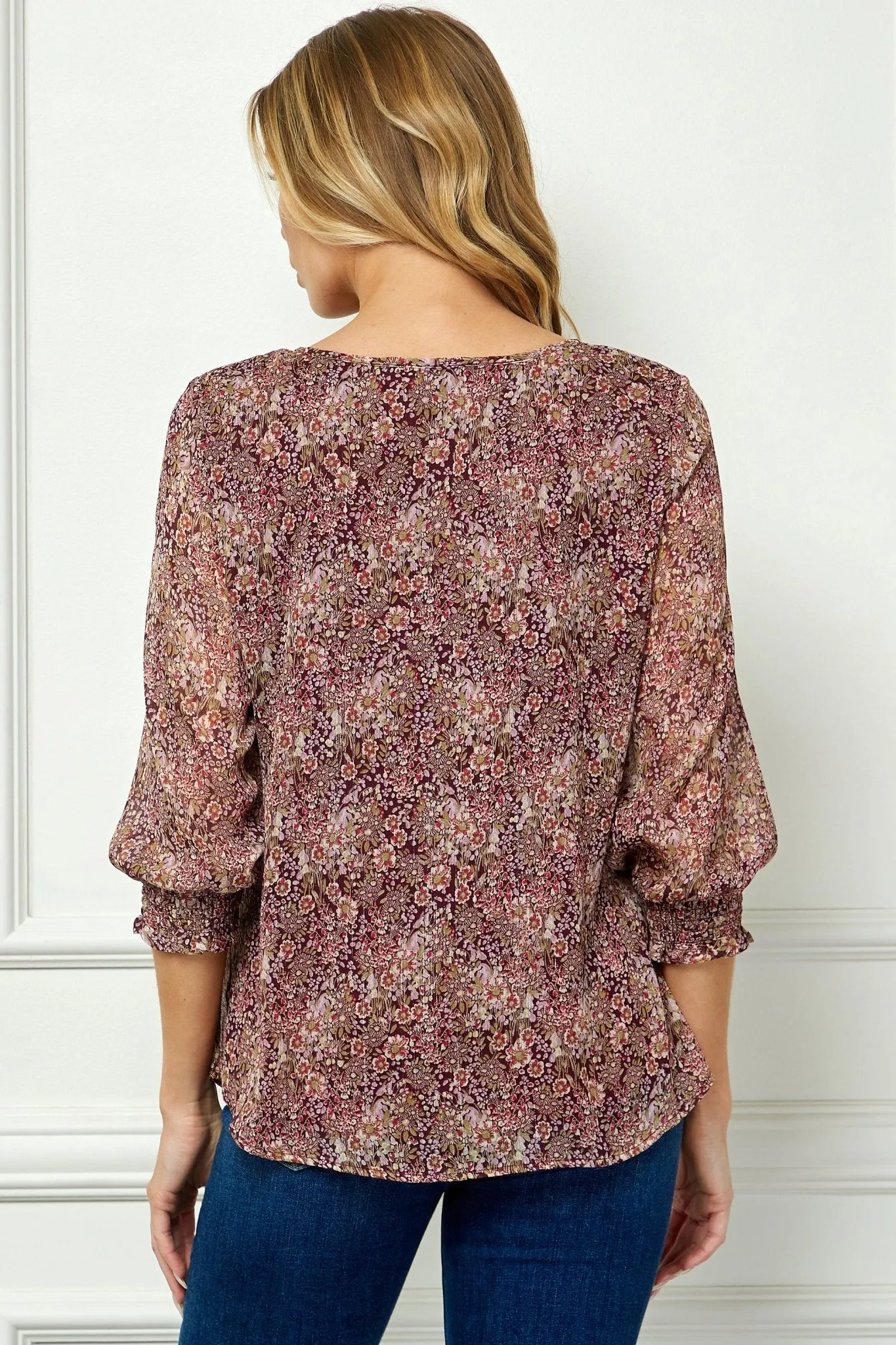 Burgundy Floral 3/4 Sleeve Blouse